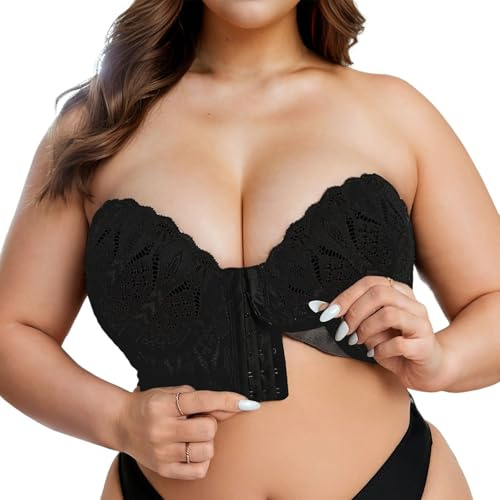 Women's Strapless Bra Seamless Bandeau Bustier Top Large Sizes Seamless Dirndl Bra with Moulded Cups without Underwire Shoulderless Bra with Front Closure Design, Black-g, 48DD