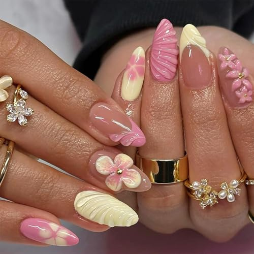 Shimmerz 30 stycken rosa blommor press på naglar medium mandelform fransk spets falska naglar med 3D vattenvågor design heltäckande konstgjorda naglar vår sommar för kvinnor