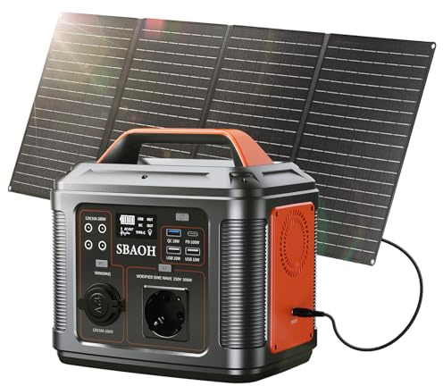 Tragbare Powerstation mit 60W Solarpanel, SBAOH 296Wh Solargenerator mit 300W Ausgang, Mobile Stromversorgung für Garten Reise Camping Wohnmobil Notfall