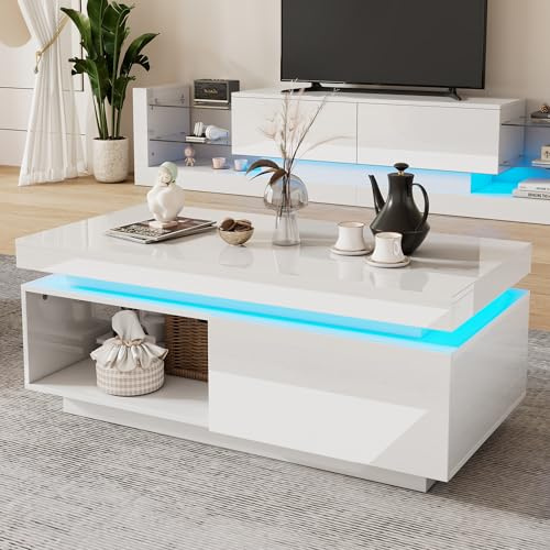 OKMYHOME Ensemble Meuble TV 181 cm, Blanc Haut Brillant avec LED, Table Basse Blanche avec LED, Panneau de Particules