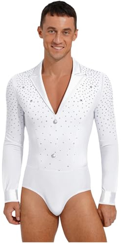 JEATHA Uomo Body da Danza Classica Maniche Lunghe con Strass Camicia da Ballo Latino Americano Scollo a V Bodysuit da Danza Standard Samba Tango Valzer Pattinaggio Bianco S