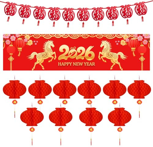 Ailelan Decorazioni Capodanno Cinese, Chinese New Year Decoration 2026 Striscione per Feste con Lanterne Cinesi di Carta Rosse E Ghirlanda Fu, Decorazioni per La Spring Festival