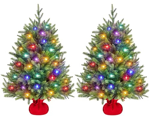 Yaheetech 3ft Pre-lit Artificial Mini Christmas Tree, PE Branches with 50 Color LED Lights, Cement Base, 8 Light Modes, 143 Tips, Desktop Xmas Tree for Holiday Party Home Decor, Green-2 Pack