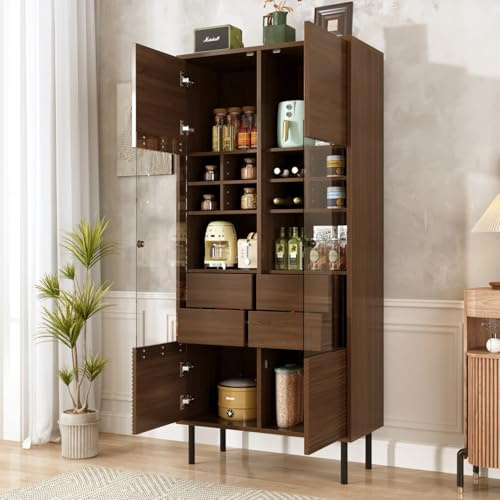 EURHCIO Vitrine Verre 75.5X35X164.5cm,Buffet Cuisine Haut,Meuble Salle de Bain avec 4 Tiroirs,14 Compartiments de Rangement,Portes Vitrées,pour Salon Bureau (Noyer)
