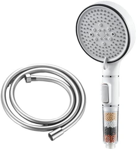 Pommeau de douche avec Filtre Economie Deau, Pommeau de Douche avec tuyau 150CM, Filtre Pommeau de douche Anti Calcaire, 5 Types de Jets Pommeau Économie Deau Haute Pression, Blanc