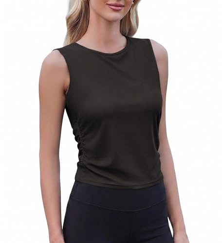 PINSPARK Damer sport linne ribbad sömlös ärmlös crop top lätt fitness yoga tröja sommar sporttopp, svart, M