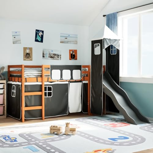 Hoopleep Lit mezzanine pour enfant, avec tour en bois de pin, 80 x 200 cm, avec toboggan et rideaux, en bois massif, pour jeu et chambre à coucher