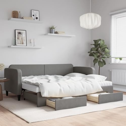 Ordellia utdragbar dagsäng, med lådor, mörkgrått tyg, 80 x 200 cm, 2 skummadrasser, robust bäddsoffa för gästrum