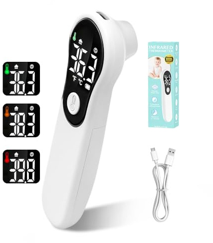 Termómetro Digital para Bebés y Adultos, Infrarrojo sin Contacto de Frente, con Alerta de Fiebre, Pantalla LCD, Recargable USB y Lectura Instantánea en 1s(Crema)