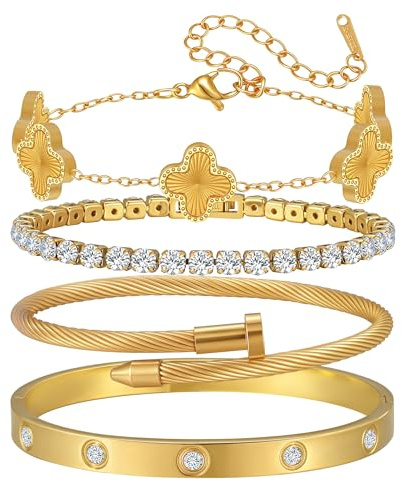 Aiilead Kleeblatt Schmuck Set für Damen - 18 Karat Gold Armband&Armreif Glücksarmband Schmuck Geschenk für Damen,4PCS