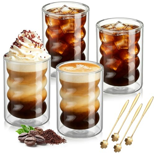 4 Stück 350ml Latte Macchiato Gläser, Kaffeegläser mit 4 Löffeln, Borosilikatglas Tassen, Teegläser, für Latte, Tee, Iced Americano