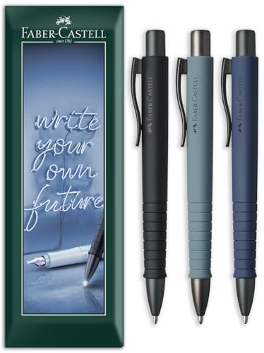 Faber-Castell Poly Ball XB Kugelschreiber | Extra breite Feder | blaue Tinte | Schreibwaren-Set für Büro und Arbeit | Umschlag Geschenkpackung (Schwarz, Steingrau, Marineblau)