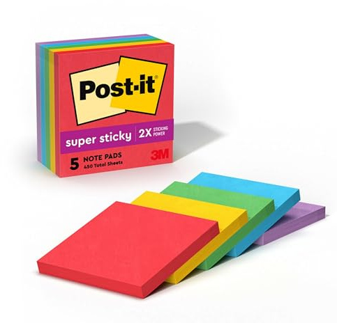Post-it Super Haftnotizen, 5 Haftnotizblöcke, 7,6 x 7,6 cm, Schulbedarf und Büroprodukte, ideal für Lehrbücher, Notizbücher, Wände und vertikale Oberflächen, Playful Primaries Collection | Schulbedarf und Bürobedarf, 2-fache Haftkraft