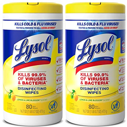 Lysol Disinfectant Wipes Multi-Surface Antibacterial Cleaning Wipes, Dorm Room Essentials For Disinfecting and Cleaning Lemon and Lime Blossom 80 Count (Pack of 2)