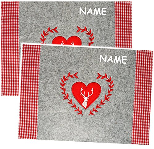 alles-meine.de GmbH 4 Stück Filz__ Unterlagen - Hirsch & Herz - incl. Namen - als Tischunterlagen/Platzdeckchen/Eßunterlagen/Platzmatten - Tier - für Kinder & Erwach..