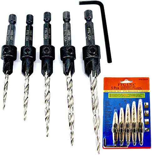 FTG USA Countersink Drill Bit Set 5 Pc #4#6#8#10#12 Tapered Drill Bit for Woodworking