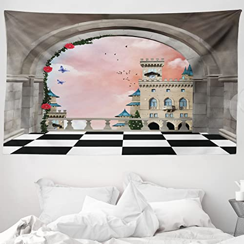 ABAKUHAUS Fantasie Wandteppich und Tagesdecke, Mittelalterliche Burg Balkon aus Weiches Mikrofaser Stoff Waschbar ohne Verblassen Digitaldruck, 230 x 140 cm,Schwarz Weiß Grau