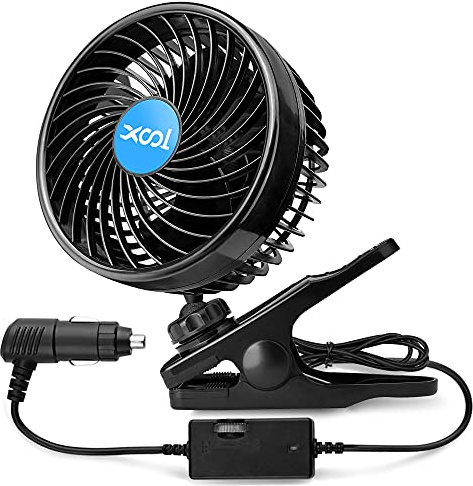 XOOL Ventilateur Voiture 12V à Pince, Ventilateur Compact Rotatif 360°, Ventilateur de Refroidissement avec Vitesse Réglable en Continu pour Voiture, SUV, Camping-Car
