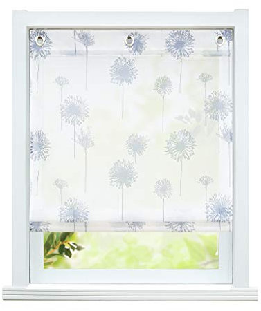 ESLIR Raffrollo ohne Bohren Raffgardine mit Ösen Transparent Gardinen mit U-Haken Ösenrollo Modern Weiß Löwenzahn Muster BxH 120x140cm 1 Stück