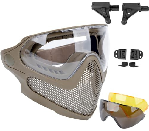 ATAIRSOFT Airsoft 2 Modi Taktische Sicherheit Schutz Vollmaske Antibeschlagbrille Set mit 3 Wechselobjektiven