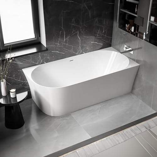 BERNSTEIN - Baignoire d'angle semi-îlot Blanc brillant design Acrylique + Bonde et trop plein, 225L, Montage à droite - 170x78x60cm (lxLxH) - NOVA SLIM LINE