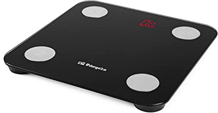 Orbegozo PB 3000 - Báscula de baño inteligente, activación táctil, conexión bluetooth, modo bebé, 13 parámetros, indicador sobrecarga, 180 kg, Negro