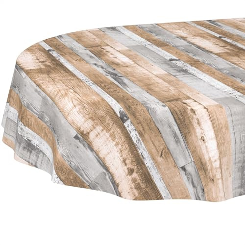 ANRO Tischdecke oval abwaschbar ohne Einfassung – PVC-Wachstuch Holzoptik Braun Grau – schmutzabweisend & strapazierfähig – für drinnen & draußen 180 x 140 cm (Oval)