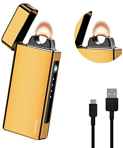 SKRFIRE Elektrisches Winddichtes Flamme elektrisches Plasma Feuerzeug Arc Feuerzeugs Wiederaufladbares USB Feuerzeug mit Batterieanzeige(Gold)