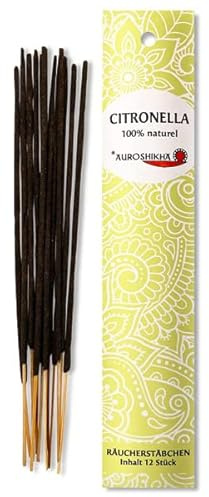 12 Stück – AUROSHIKHA Citronella – Indische Räucherstäbchen 100% natürlich ohne Chemie für Meditation & Entspannung