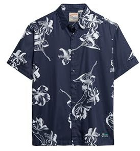 Superdry Herren Kurzärmeliges Hawaiihemd Einfarbig Marineblau Hibiskus XXL