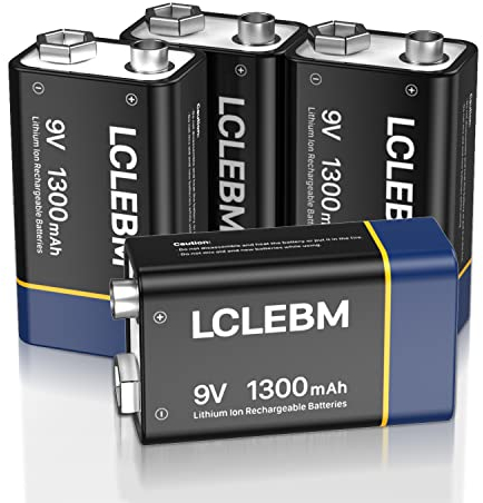 LCLEBM Batteria da 9 V, 1300 mAh, 9 V, batteria al litio, caricatore USB-C con cavo di ricarica 2 in 1, per allarmi, microfoni senza fili, rilevatori di fumo, giocattoli, torce elettriche, 4 pezzi