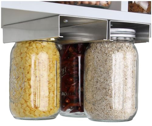 lopeztek Under Shelf Mason Jars Organize and Storage Rack, Wide Mouth | 2 Racks Hold 4 Mason Jars|Canning Jar Hangers|Under Cabinet, Pantry Holder|Kitchen Mount Accessories