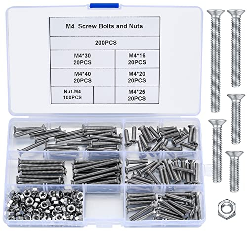 200 Pz Viti e Dadi a Testa Svasata, M4 Viti Bulloni e Dadi a Testa Piatta, Viti e Dadi a Croce in Acciaio Inossidabile, Viti a Testa Esagonale Filettatura Bullone Meccanico per Testate Mobili