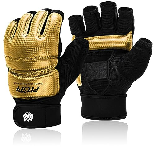 FitsT4 Sports MMA Gants de boxe rembourrés, gants d'entraînement, sac de frappe, sac de sable, kickboxing, arts martiaux, taekwondo, sparring avec protection du poignet pour hommes et femmes, or, S