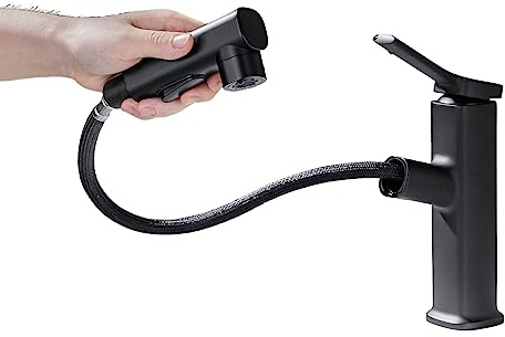 Bathroom Sink Faucet with Pull Down Sprayer Stainless Steel Bathroom Faucets Single Handle Pull Out Bathroom Faucets Basin Modern RV Vanity Farmhouse Faucet Matte Black