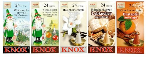 Knox Räucherkerzen im 5er Set mit 24 ST pro Packung, Räucherkegel in Größe M in verschiedenen Duftvarianten wie Weihrauch-Myrrhe, Weihnachtsduft, Vanille, Bratapfel & Lebkuchen