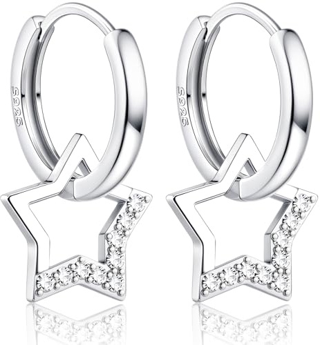 JeweBella Ohrringe Silber 925 Mädchen Hängend Bunte Zirkonia Klein Creolen mit Stern Anhänger Niedliche Tropfen Hängend Stern Ohrringe für Mädchen Kinder Damen