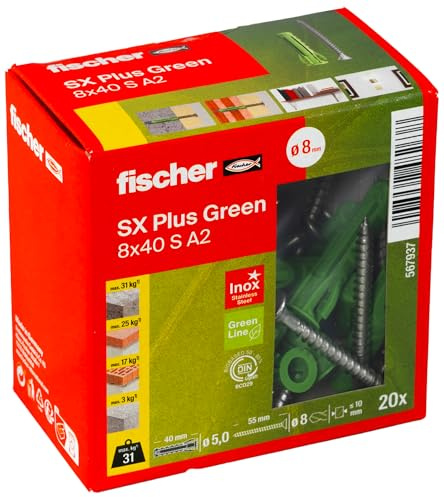 fischer Tasselli di espansione SX Plus Green 8 x 40 S con vite in acciaio inox A2, tasselli sostenibili in 50% materie prime rinnovabili, 4 diffusioni, specialista in materiale solido, 20 tasselli e