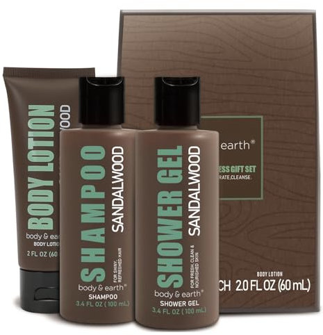 BODY & EARTH Gel Doccia da Uomo, Set da 3 Pezzi, con Profumo Sandalo, Set Regalo per la Cura Della Pelle per Uomo, Set da Viaggio con Gel Doccia, Lozione per Il Corpo, Shampoo, Festa del Papà
