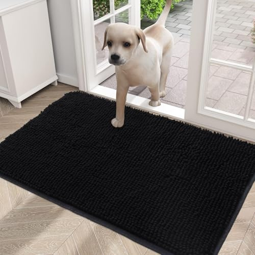 smiry Door Mat, Super Absorbent Chenille Dog Door Mat, Washable Non Slip Door Matts Indoor, Soft Microfiber Pet Rug and Bath Mat for Entrance Kitchen Muddy Shoes & Paws - Black, 43 x 76 cm