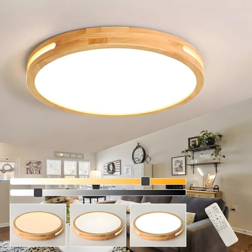 WayLuoung Holz-LED-Deckenleuchte | Ø50cm 3000-6000K 36W | Runde Natürliche Holz-Deckenleuchte Kunst-Hohl-Design Schlafzimmer Wohnzimmer Kinderzimmer Küche, Esszimmer Zuhause(Dimmbar Mit Fernbedienung)
