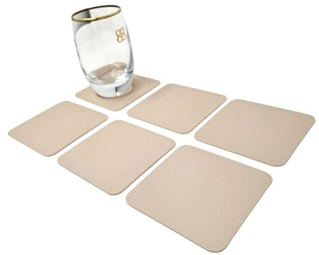 Nikalaz Untersetzer, Untersetzer Gläser, Glasuntersetzer, Getränkeuntersetzer, Recyceltes Leder, 10 x 10 cm (6er-Set, Cremeweiß/Beige)