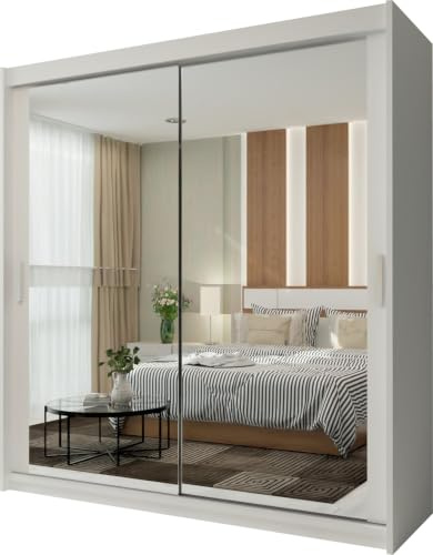 FURNITUREWAVE Full Length Sliding Wardrobe Adjustable Shelves Wardrobe Storage Organiser in 6 Colors Mirrored Wardrobes for Bedroom, Modern Double Door Wardrobes (White, 203cm)