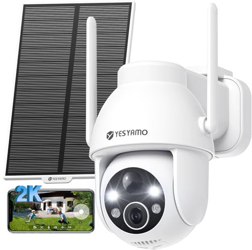 YESYAMO 360° PTZ Solar Security Camera Outdoor Wireless, 2K QHD Solar Camera Rechargeable Battery Operated, CCTV Camera with PIR Human Detection, 2.4Ghz WiFi Camera, Sound&Light Alarm, Work with Alexa