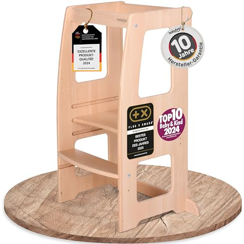 babybay Lernturm Littlefoot, maximale Kippsicherheit durch massives Buchenholz, Förderung der Motorik, dreifach höhenverstellbar, ergonomischer Einstieg, Aussparung für Küchengriffe, Natur lackiert