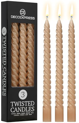 DECO EXPRESS Dinner Candles Pack of 3 or 6 Twisted Non Drip Coloured Spiral Candles Long Lasting 6 Hours Burn Non Scented (Cappuccino, Pack of 3)