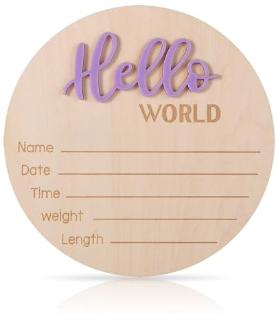 Tarjetas de Hitos Bebe, 15cm Letrero de Madera de Hello World Tarjetas de Hitos Mensuales Bebe para Niños y Niñas Recién Nacidos Accesorios para Fotos Baby Shower Guardería (Púrpura Claro)