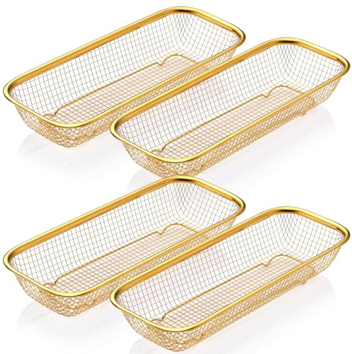 Singhoow 4 Pcs Gold Kitchen Drawer Baskets Stainless Steel Storage Container Mesh Storage Golden Utensil Holder Wire Basket Stackable Drying, 12 x 5 x 2 Inch