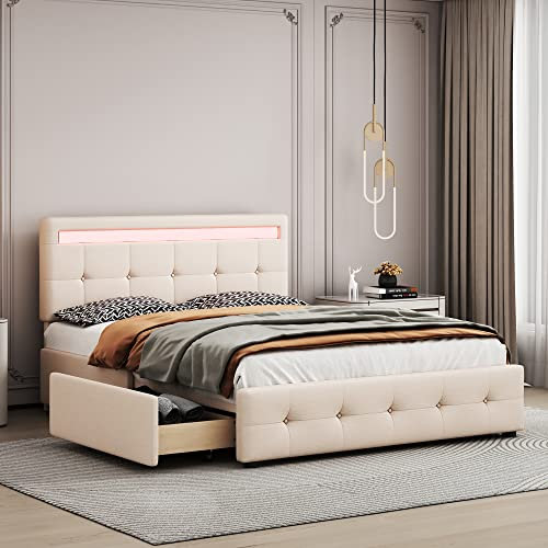 Polsterbett,mit LED,Lattenrost & Bettkasten auf Rollen,Einzelbett mit Kopfteil & 4 Schubladen, hautfreudliches Leinen-Oberfläche Kinderbett Jugendbett Gästebett,140 x 200 cm(ohne Matratze) (Beige)