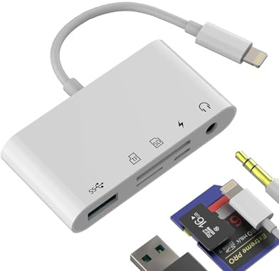 Adaptateur USB OTG Lecteur Carte SD Micro SD Chargeur 3.5mm Vers Lightning(5en1)pour IPhone Pour IPad Pour Apple Compatible Avec Samsung USB 3.0 Ecouteur Casque AUXiliaire Mémoire Flash Photo Appareil